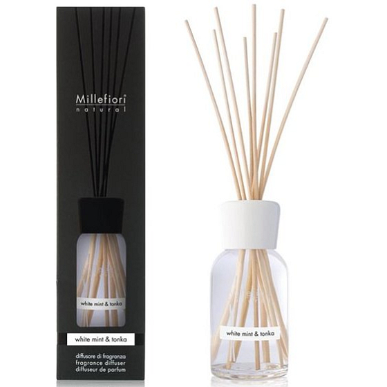 Millefiori Milano Natural White Mint & Tonka - Weißer Minze- und Tonkabohnen-Diffusor 100 ml + 7 25 cm lange Stiele für kleinere Räume hält 5-6 Wochen