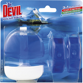 Dr. Devil 3in1 Polar Aqua Flüssig WC Block, Halter + Nachfüllung 3× 55 ml Dr. Devil 3in1 Polar Aqua Flüssig WC Block, Halter + Nachfüllung 3× 55 ml