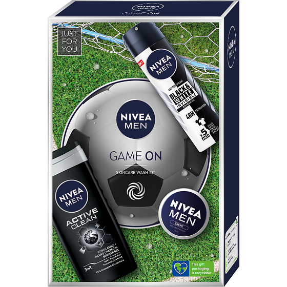 Nivea Men Game On Active Clean Duschgel 250 ml + Creme 75 ml + Invisible Black & White Antitranspirant Deodorant Spray 150 ml, Kosmetikset für Männer