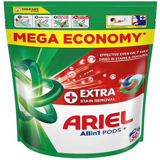 Ariel All in 1 Pods Plus Extra Clean gelové kapsle, univerzální, 50 kusů