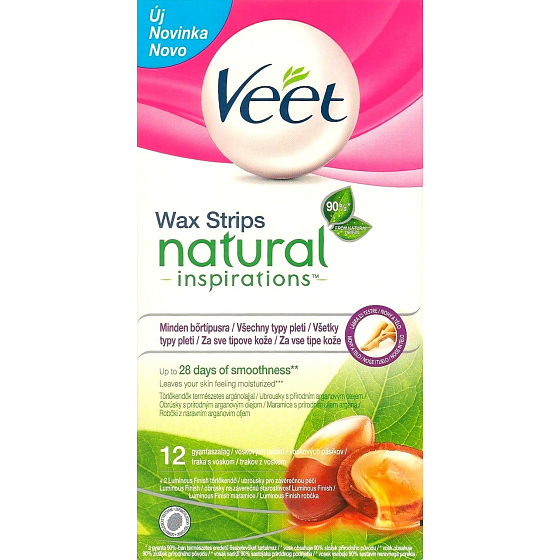 Veet Natural Cold Enthaarungswachsstreifen 12 Stück + Servietten Luminous Finish 2 Stück