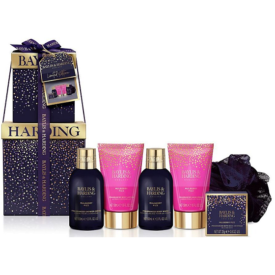 Baylis & Harding Mulberry Fizz Reinigungsgel 100 ml + Duschcreme 100 ml + Körperlotion 50 ml + Handcreme 50 ml + Badesalz 25 g + Waschschwamm, Kosmetikset