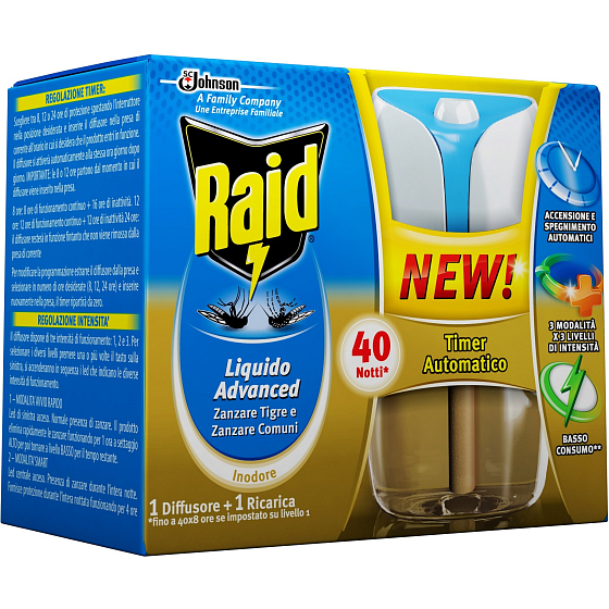 Raid Advanced elektrischer Flüssigkeitsverdampfer mit automatischem Timer gegen Mücken 40 Nächte 33 ml