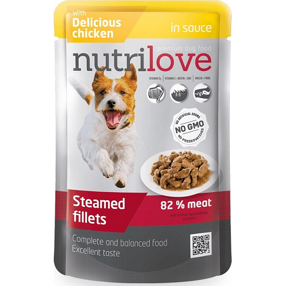 Nutrilove Geschmorte Filets mit saftigem Hähnchen in Sauce komplette Hundefuttertasche 85 g