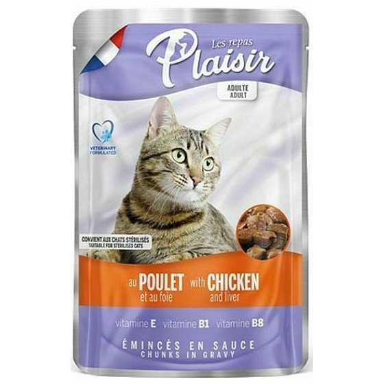 Plaisir Cat mit Huhn und Leber, komplettes Katzenfutter im Beutel 100 g