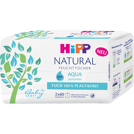 HiPP Babysanft Natural Aqua Reinigungsfeuchttücher ohne Plastik für Kinder 2 x 60 Stück