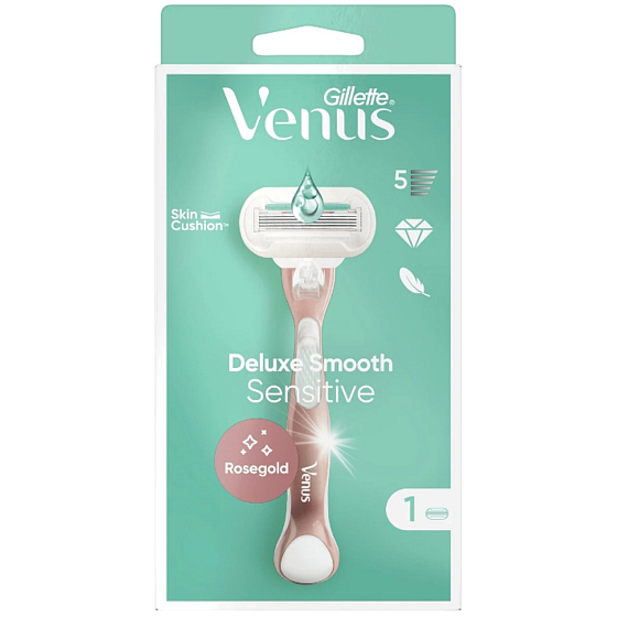 Gillette Venus Deluxe Smooth Sensitive Rosegold Rasierapparat mit 3 Klingen + Ersatzkopf 1 Stück für Frauen