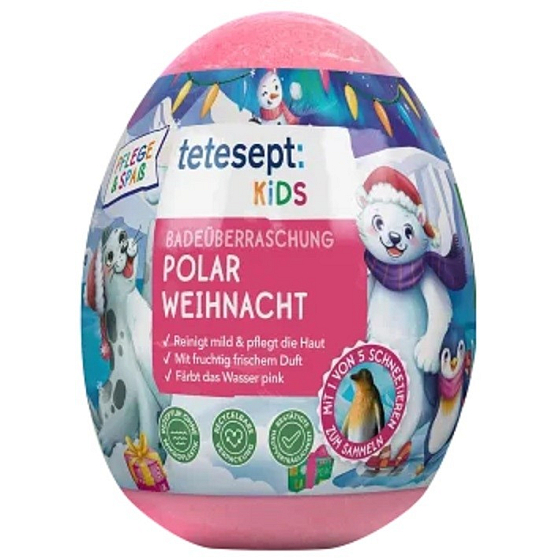 Tetesept Polar Weihnacht šumivá koule růžová - vejce do koupele s figurkou zvířátka ze severního pólu 172 g