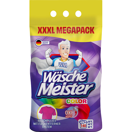 Wäsche Meister Color prací prášek 10,5 kg – na barevné prádlo, 140 praní, efektivně odstraňuje skvrny a chrání barvy.Wäsche Meister Color prací prášek 10,5 kg – na barevné prádlo, 140 praní, efektivně odstraňuje skvrny a chrání barvy.