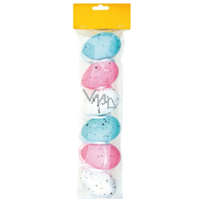 Styropor-Eier zum Aufhängen von rosa, blau, weiß, bespritztem Dekor 6 cm in einer Tüte mit 6 Stück