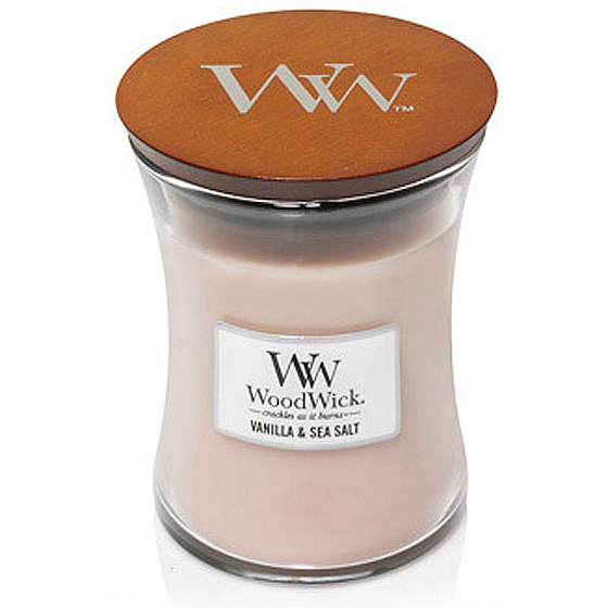 WoodWick Vanille & Meersalz Duftkerze mit Holzdocht und Deckel Glas mittel 275 g