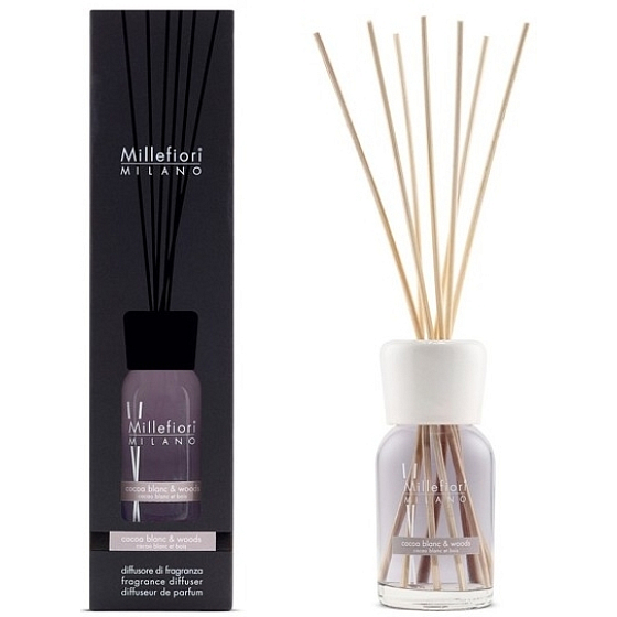 Millefiori Milano Natural Cocoa Blanc & Woods - Weißer Kakao und Holz Diffusor 100 ml + 7 Stiele 25 cm lang für kleinere Räume hält 5-6 Wochen