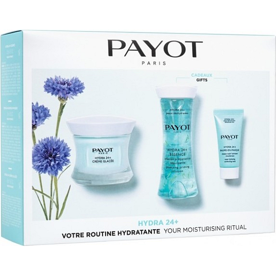 Payot Hydra24+ Creme Glacee Feuchtigkeitscreme für normale bis trockene Haut 50 ml + Essence smoothing moisturizing pre-treatment foundation water 125 ml + Baume En Masque super hydratisierende stimulierende Maske 15 ml, Kosmetikset 2022