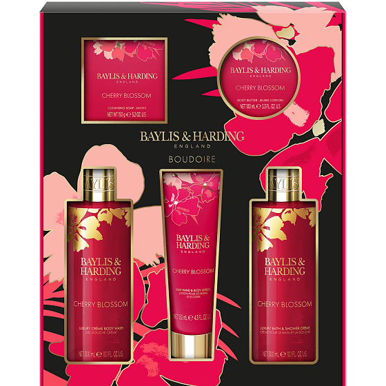 Baylis & Harding Kirschblüten Duschcreme 2 x 300 ml + Körperlotion 130 ml + Toilettenseife 150 g + Körperbutter 100 ml, Kosmetikset für Frauen