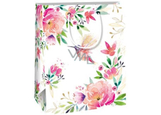 Ditipo Geschenkpapiertüte 18 x 10 x 22,7 cm Weiße bunte Blumen und Kolibri