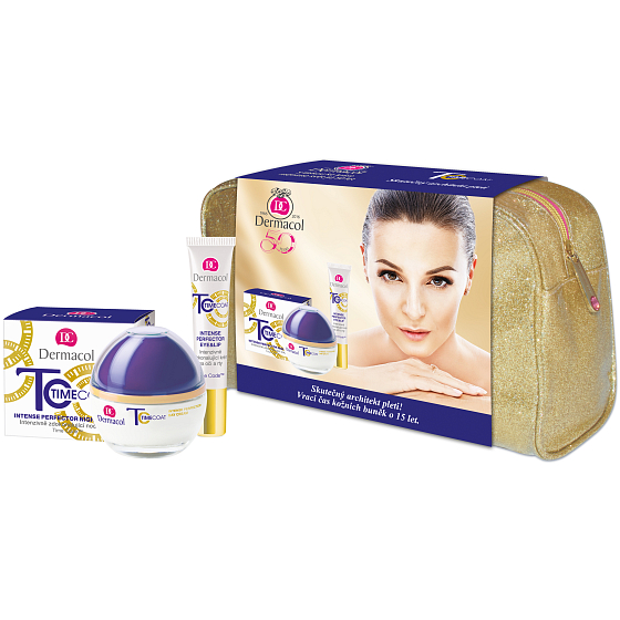 Dermacol Time Coat Tagescreme intensiv verbessernde Tagescreme 50 ml + Time Coat Augen- und Lippencreme intensiv verbessernde Creme für Augen und Lippen 15 ml + Hülle, Kosmetikset