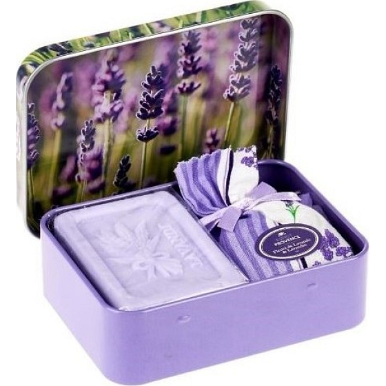 Esprit Provence Lavendel Toilettenseife 60 g + Lavendelduftbeutel + Blechdose mit einem Bild von Lavendel, Kosmetikset für Damen
