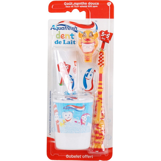 Aquafresh Dent de Lait Zahnpasta 50 ml + Zahnbürste + Tasse, orange Set für Kinder