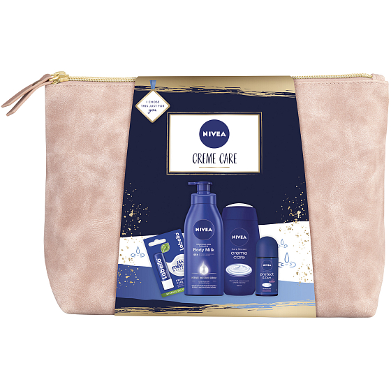 Nivea Creme Care Körperlotion 400 ml + Duschgel 250 ml + Antitranspirant Roll-on 50 ml + Labello Original Lippenbalsam 4,8 g + Hülle, Kosmetikset für Frauen