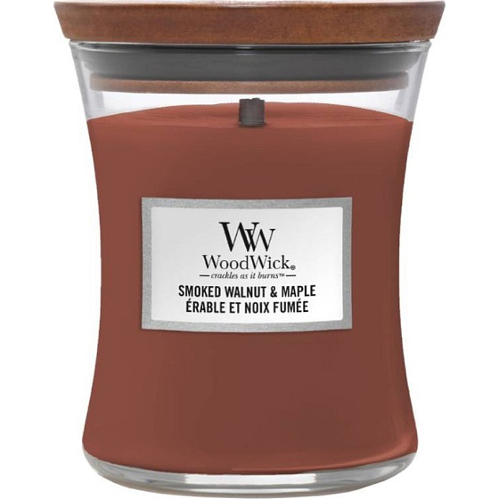 WoodWick Smoked Walnut & Maple - Duftkerze aus gerösteten Walnüssen und Ahornsirup mit Holzdocht und Deckelglas medium 275 g