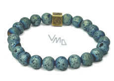 Lava blau überzogen mit königlichem Mantra Om, Armband elastischer Naturstein, Kugel 8 mm / 16-17 cm, geboren aus den vier Elementen