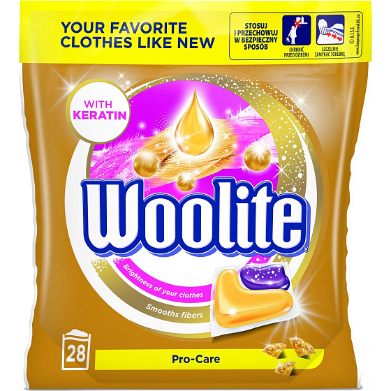 Woolite Pro-Care Keratin-Gelkapseln zum Waschen empfindlicher Wäsche machen die Fasern von 28 Teilen weich und schützen sie