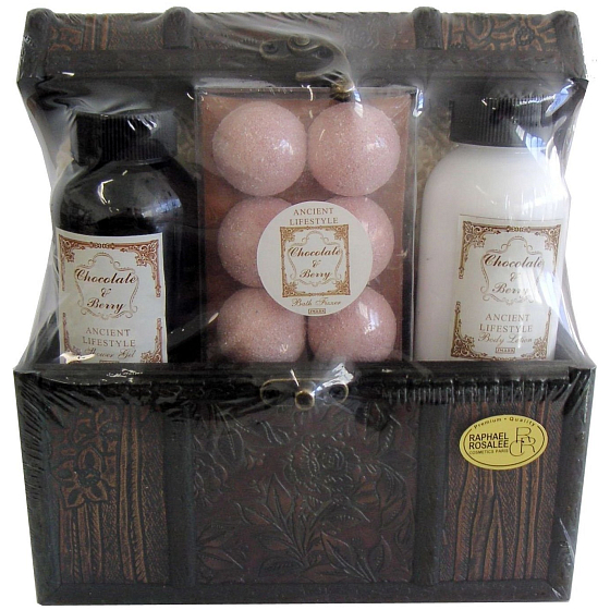 Raphael Rosalee Cosmetics Embassy Deluxe Duschgel Schokolade & Beeren 140 + Körperlotion 140 ml + Badesalz 6 x 15 g + Schwamm + Brust, Geschenkset