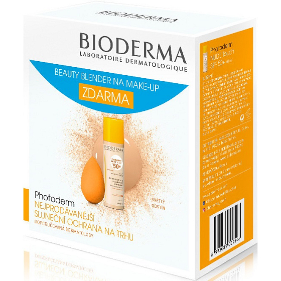 Bioderma Photoderm Nude Touch SPF 50 getönte Flüssigkeit Heller Farbton 40 ml + Beauty Blender Make-up Schwamm, Kosmetikset