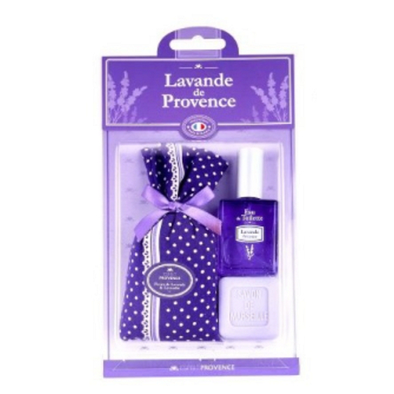 Esprit Provence Lavendelbeutel mit Lavendel-Tupfen + Toilettenseife 25 g + Toilettenwasser-Miniatur 5 ml, Geschenkset