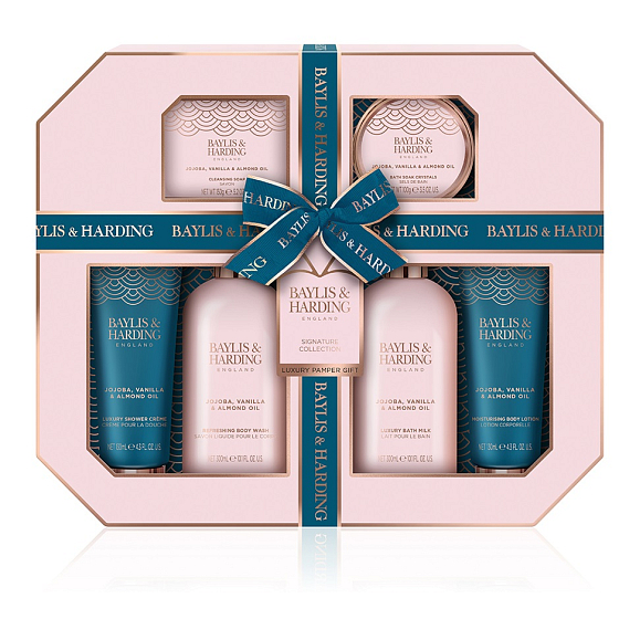 Baylis & Harding Jojoba-, Vanille- und Mandelöl Waschgel 300 ml + Bademilch 300 ml + Toilettenseife 150 g + Duschcreme 130 ml + Körperlotion 130 ml + Badesalz 100 g, Kosmetikset für Frauen