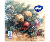 Aha Papierservietten 3-lagig 33 x 33 cm 20 Stück Kugeln in Gold und Rot, Stechpalme und Zweig