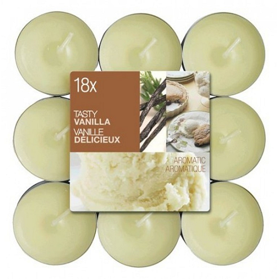 Bolsius Aromatic Tasty Vanilla - Vanille-Duftteekerzen 18 Stück, Brenndauer 4 Stunden