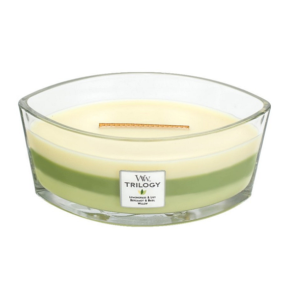 WoodWick Trilogy Garden Oasis - Duftkerze der Garden Oasis mit breitem Holzdocht und Glasbootsdeckel 453 g