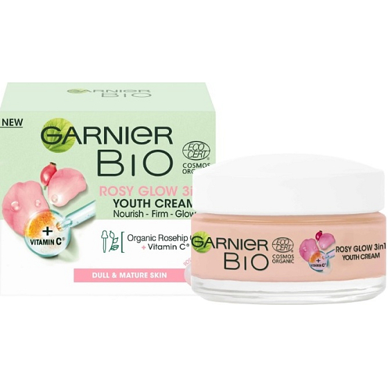 Garnier Bio Rosy Glow Hagebuttenöl und Vitamin C 3 in 1 Tagescreme für müde Haut 50 ml