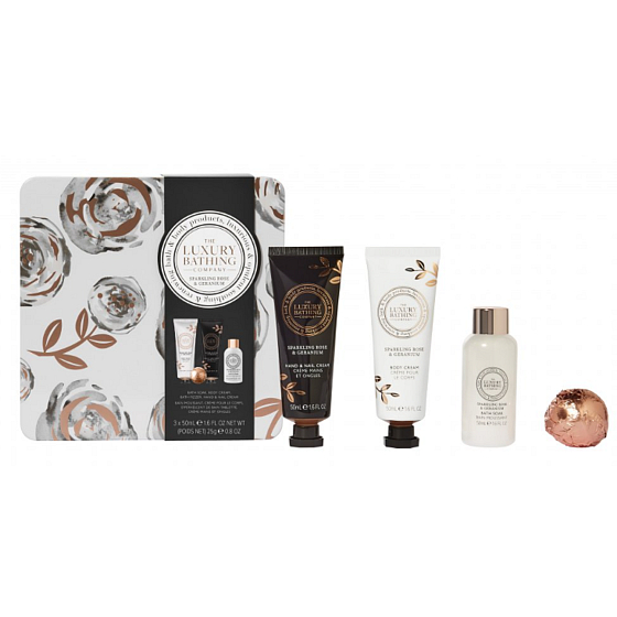 Grace Cole Rose & Geranium Körpercreme 50 ml + Handcreme 50 ml + Badeschaum 50 ml + Glitzerkugel 25 g + Dose, Kosmetikset für Frauen