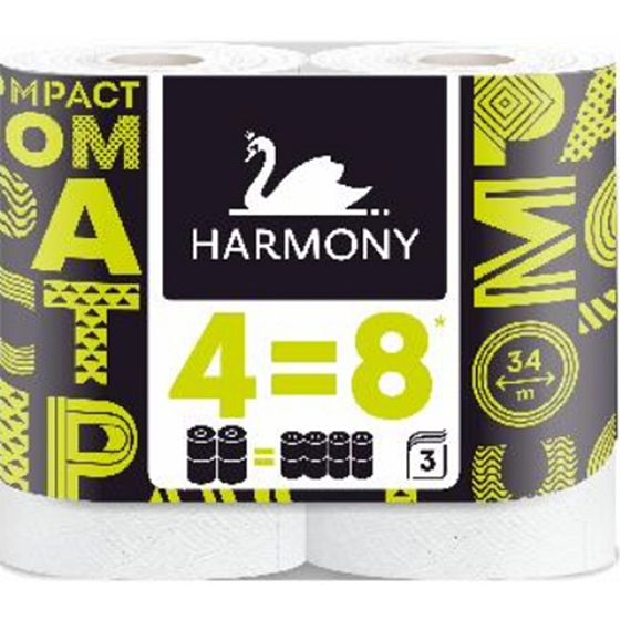 Harmony Compact 3-lagiges Toilettenpapier 4=8, 4 Rollen, 34 m Rolle