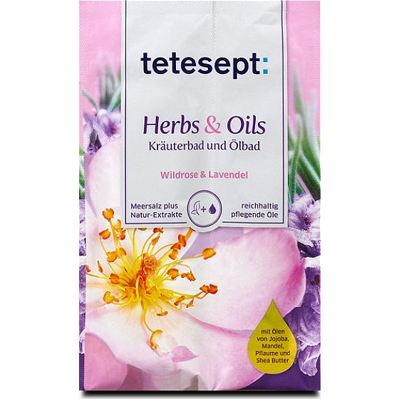 Tetesept Kräuter & Öl Wildrose + Lavendel Badesalz mit pflegenden Ölen 60 g + 15 ml