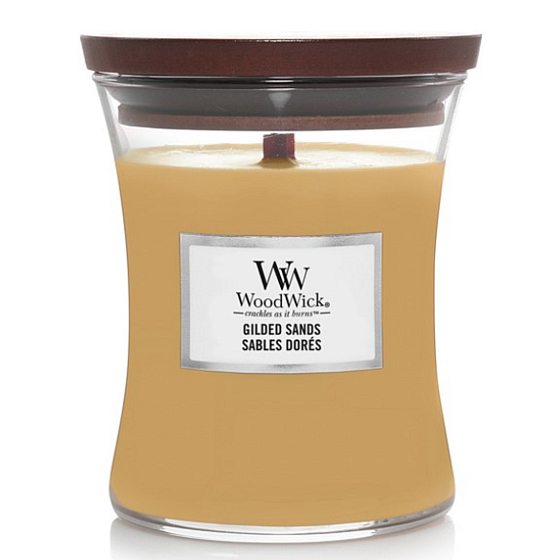 WoodWick Gilded Sands - Goldene Sande Duftkerze mit Holzdocht und Deckel Glas mittel 275 g