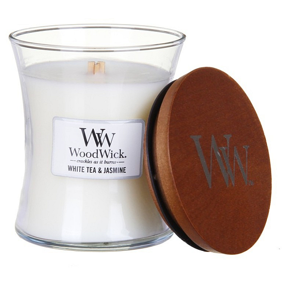 WoodWick White Tea & Jasmine - Duftkerze mit weißem Tee und Jasmin mit Holzdocht und Deckelglas Medium 275 g