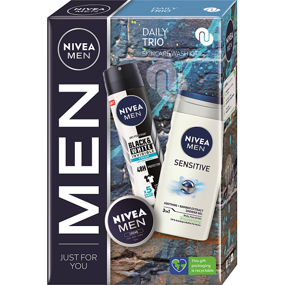 Nivea Men Daily Trio Creme 30 ml + Invisible Black & White Fresh Antitranspirant Deodorant Spray 150 ml + Sensitive 3in1 Duschgel 250 ml, Kosmetikset für Männer