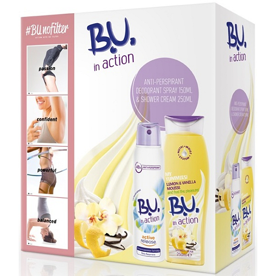 BU In Action Active Release Antitranspirant Deodorant Spray für Frauen 150 ml + In Action Lemon & Vanilla Mousse 250 ml Duschgel, Kosmetikset