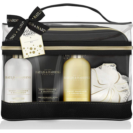 Baylis & Harding Reinigungsgel für süße Mandarinen und Grapefruits 300 ml + Badelotion 300 ml + Körperlotion 200 ml + Waschlappen + Toilettentasche, Kosmetikset