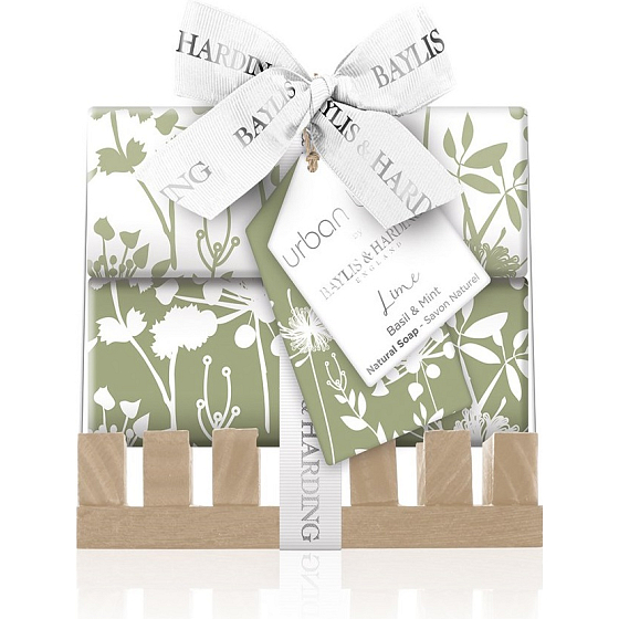 Baylis & Harding Limetten-, Basilikum- und Minz-Toilettenseife 2 x 200 g + Holzseifenschale, Kosmetikset