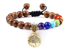 Chakra-Armband Baum des Lebens + Holz, Heilung, handgestrickt, verstellbare Größe, Kugel 8 mm