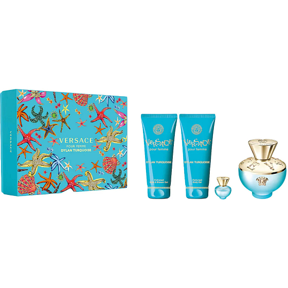 Versace Dylan Turquoise Eau de Toilette 100 ml + Körpergel 100 ml + Duschgel 100 ml + Eau de Toilette Miniatur 5 ml, Geschenkset für Frauen