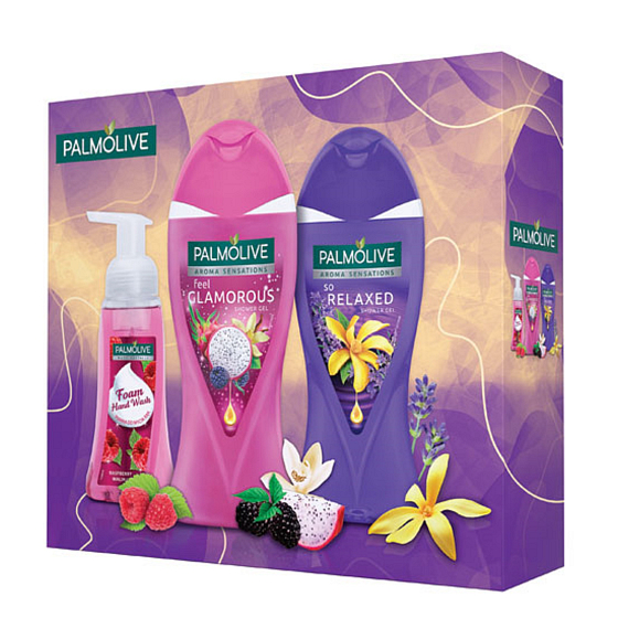 Palmolive Glamorous Duschgel 250 ml + Entspanntes Duschgel 250 ml + Himbeerschaum-Flüssigseife 250 ml, Kosmetikset