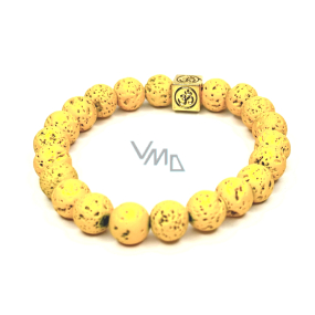 Lava hellgelb mit königlichem Mantra Om-Armband elastischer Naturstein, Kugel 8 mm / 16-17 cm, geboren aus den vier Elementen