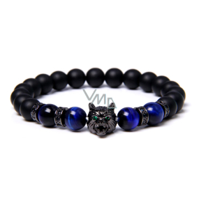 Lava schwarz + Tigerauge dunkelblau + Wolfskopf Armband elastisch Naturstein, Kugel 8 mm / 21 cm