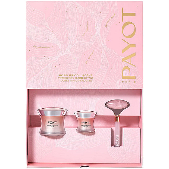 Payot Roselift Collagene Jour Tagesliftingcreme 50 ml + Roselift Collagene Regard Augencreme gegen Falten, Tränensäcke und Augenringe 15 ml + Massageroller für das Gesicht, Kosmetikset für Frauen