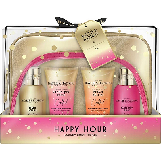 Baylis & Harding Cocktail Hour Pfirsich Bellini Reinigungsgel 100 ml + Himbeer Rose Duschcreme 100 ml + Pfirsich Bellini Körperlotion 50 ml + Himbeer Rose Handcreme 50 ml + zweiteiliger Kulturbeutel, Kosmetikset